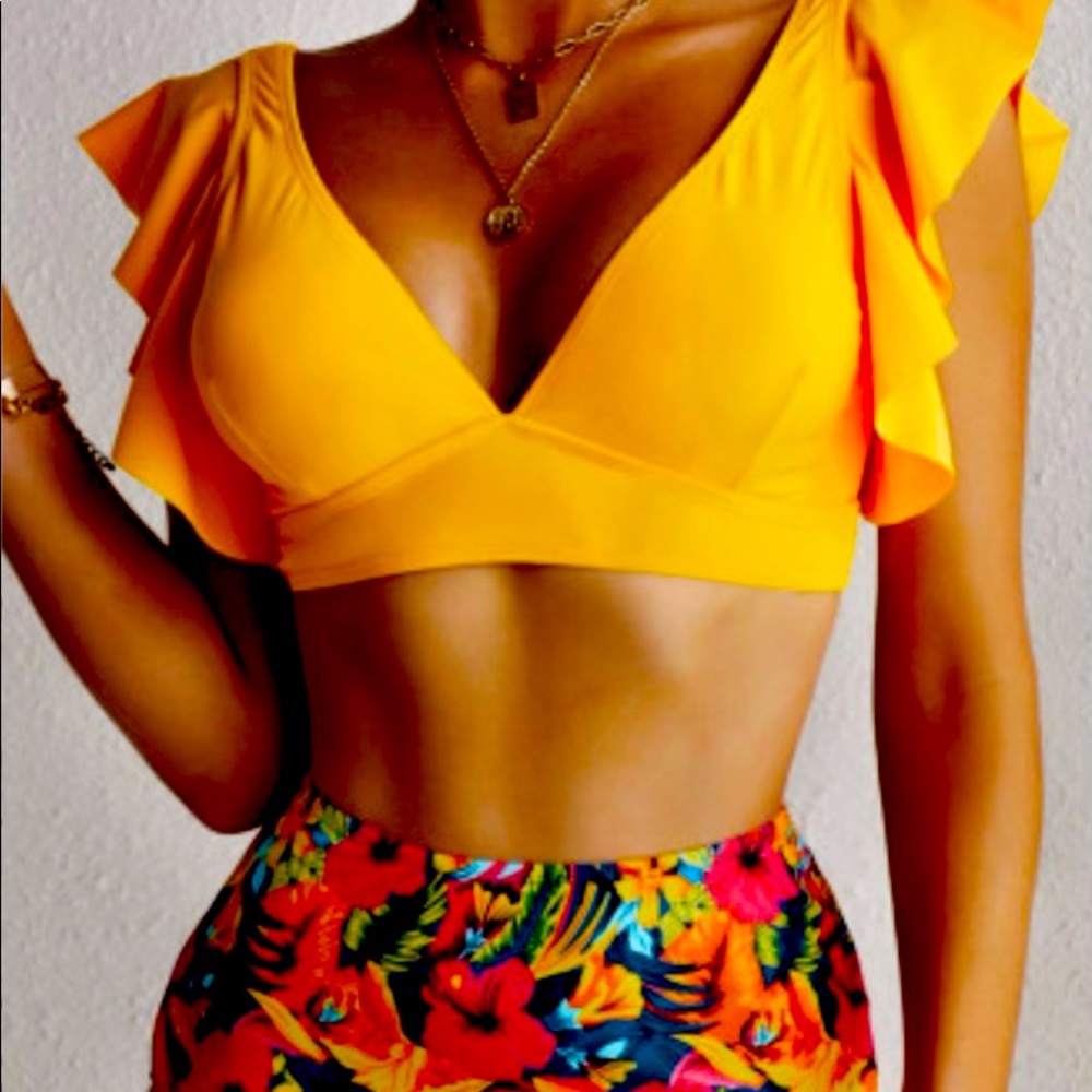 Vibrant high waisted two piece with ruffle sleeves